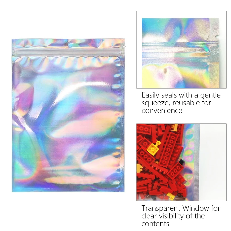 10 Stück holografische Folienbeutel mit wiederverschließbarem Reißverschluss für Nagelsteine, Schmuck, Make-up, Gel-Lack, Verpackung, Geschenkbeutel – Detail 3