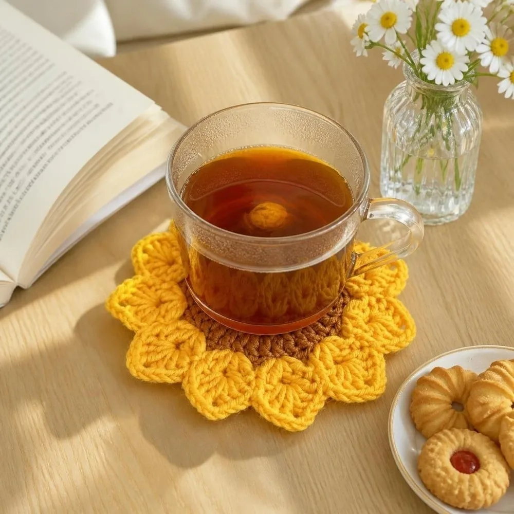 Knitted Crochet Flower Coasters Heat Resistant Non Slip Trivet Mats Home Decor Handmade Coffee Cup Mat Dining Table