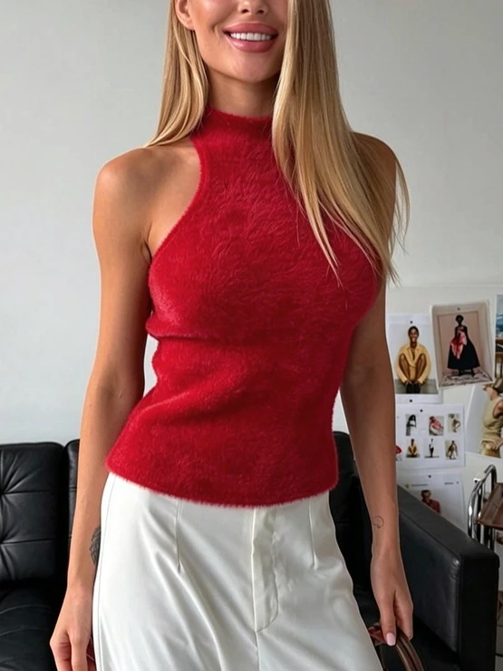 Bornladies Women's Halter Collar Knitted Vest Sleeveless Slim Fit Standing Collar Knitted Vest Summer Chic Casual Women's Top