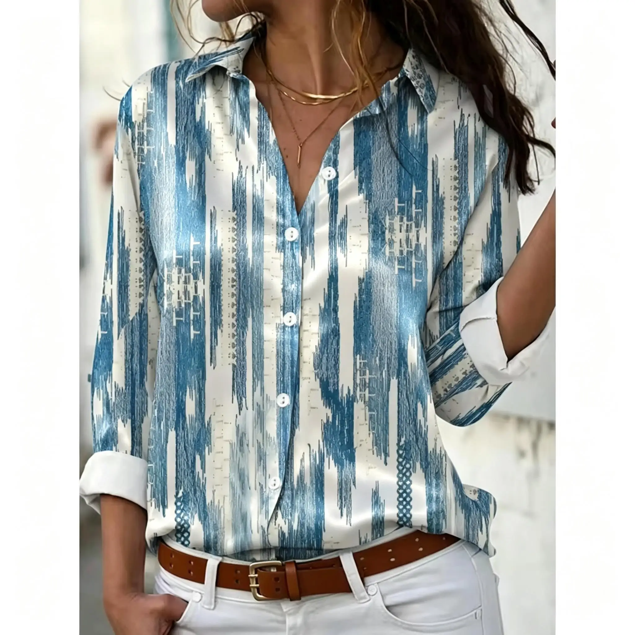 Women Lapel Long Sleeve Button‑Down Shirt Ethnic Ikat Stripe Geometric Print Blouse Elegant Office Casual Ladies Top