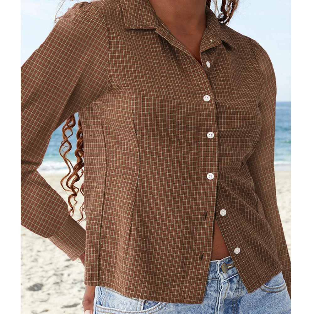 Camicie a maniche lunghe con stampa scozzese rossa Donna Bottoni autunnali Colletto rovesciato Slim Casual Preppy Top Camicette basic Camicie Streetwear