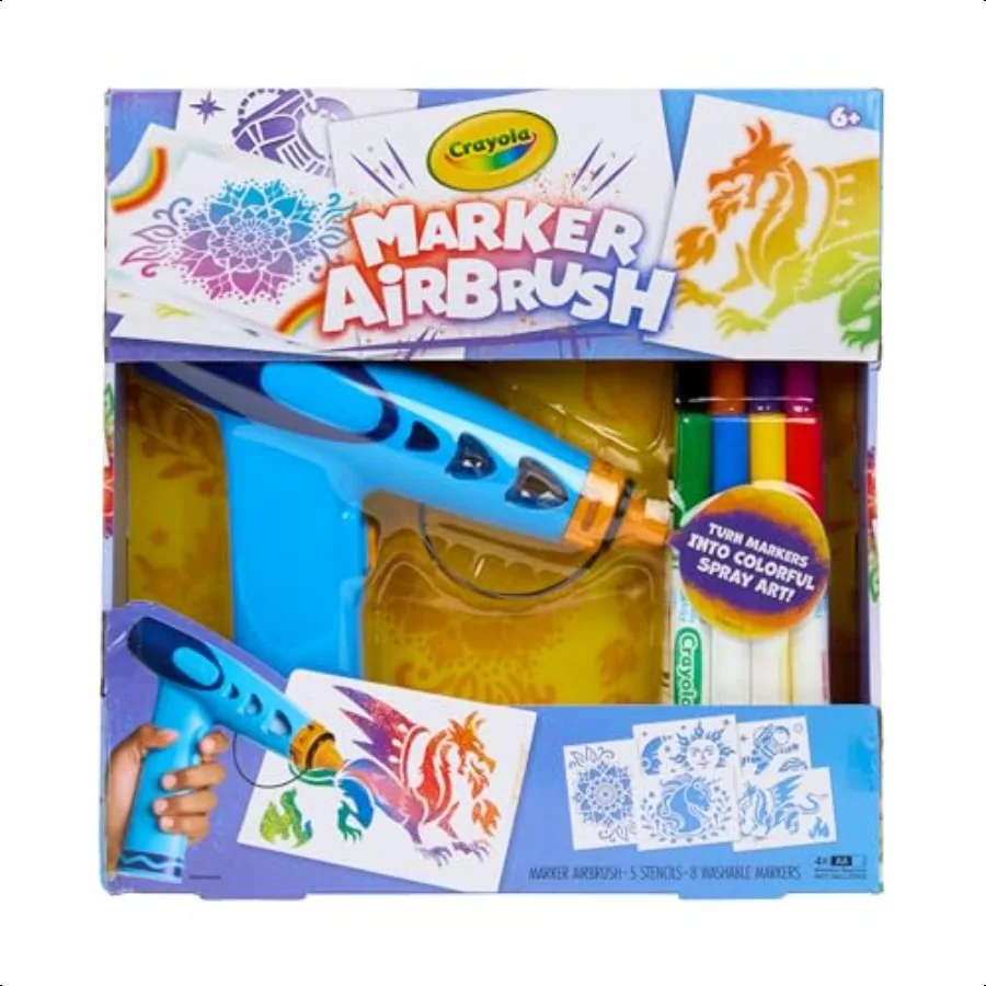 Marker Airbrush Spray Art Kit Batteriebetriebenes Sprühgerät mit 8 waschbaren Markern 5 Schablonen Feiertags-DIY-Bastelset ab 6 Jahren