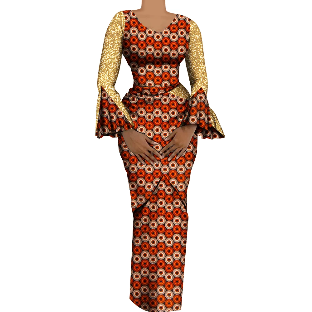 Women African Outfits 2 Pieces Set Shiny Flare Sleeves V Neck Tops and Long Pencil Skirts African Clothes for Women WY9972