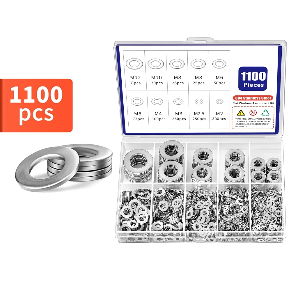 1100Pcs 304 Stainless Steel M2–M12 Metal Washers Sealing Solid Gasket Flat Washer Assortment Kit Fasteners for Screws and Bolts