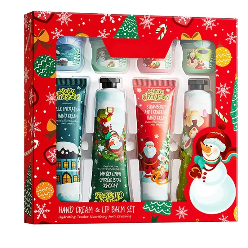 Christmas Hand Cream Lip Balm Set 4pcs Moisturizing Repair Anti Dry Hand Lotion 4pcs Lip Repair Cream Lip Balm Hand Cream