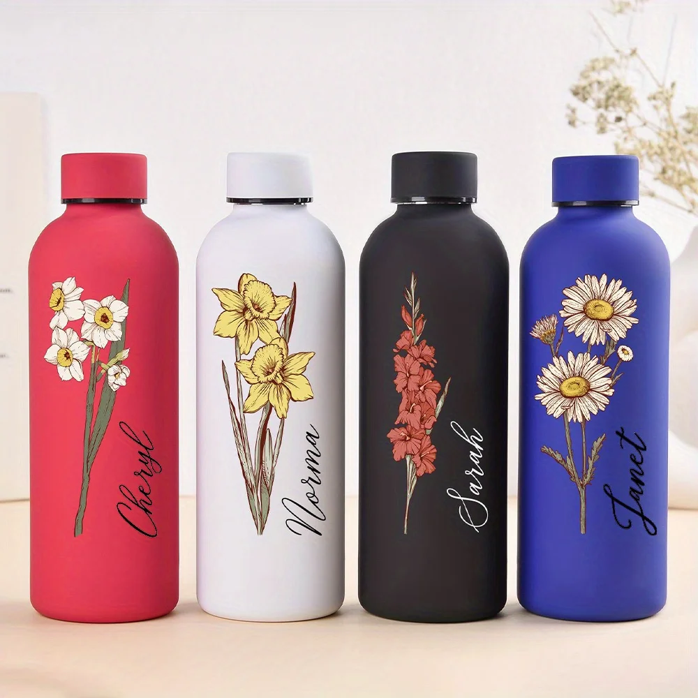 Custom Print Floral Stainless Steel Water Bottle, Personalized Name Matte Travel Thermos, Reusable Insulated Drinking Flask Gift