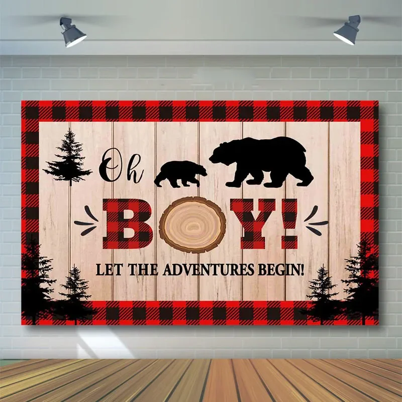 7x5FT Buffalo Plaid Little Man Lumberjack Bear Boy Baby Shower Washable Wrinkle Free Photo Background Backdrop Polyester Fabric