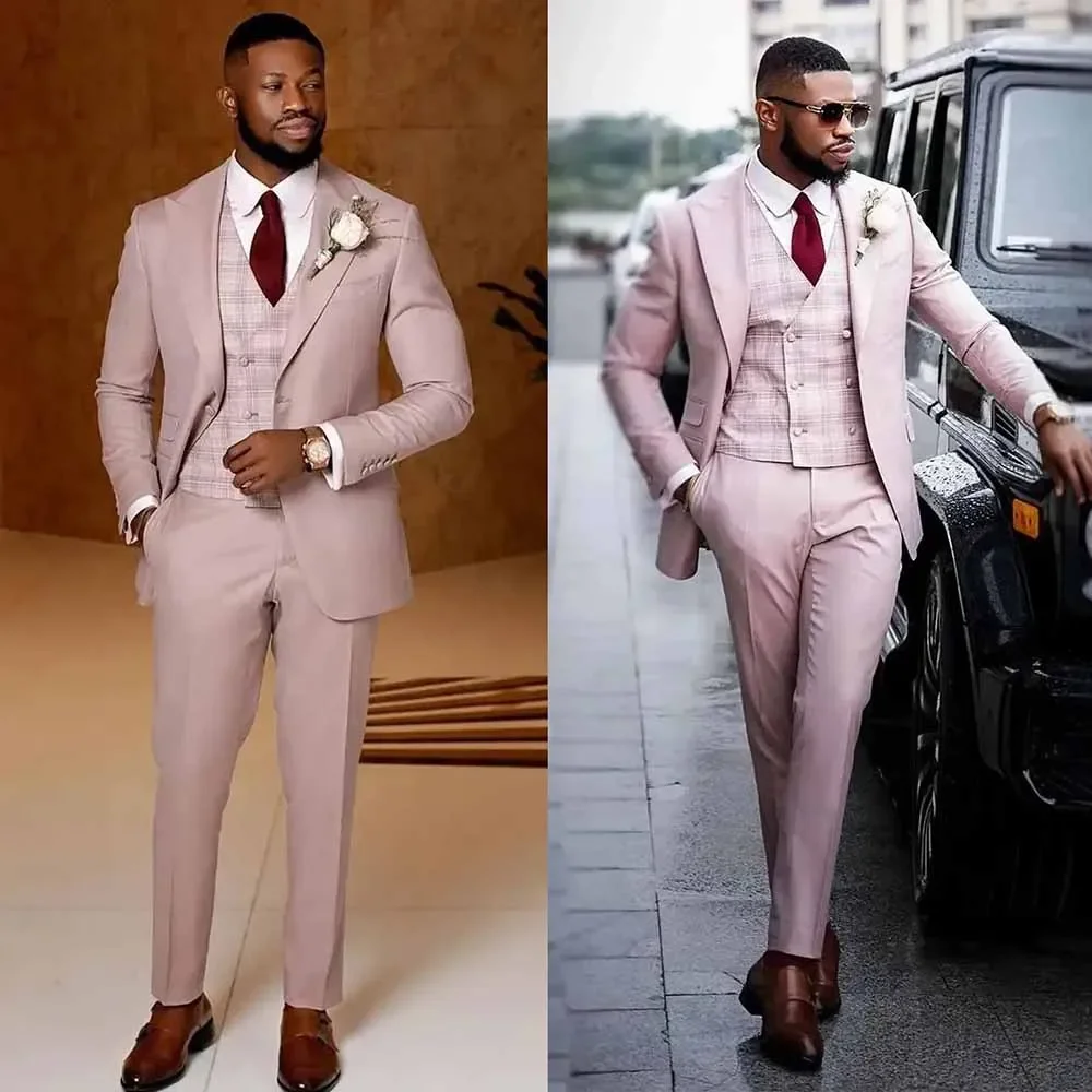 Elegant Wedding Men Blazer 2024 Pink 3 Piece Jacket Pants Vest Single Breasted Peak Lapel Regular Length Outfits Costume Homme