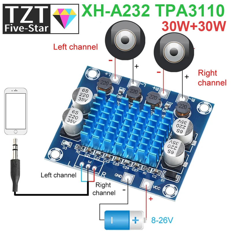 TZT TPA3110 XH-A232 30W+30W 2.0 Channel Digital Stereo Audio Power Amplifier Board DC 8-26V 3A