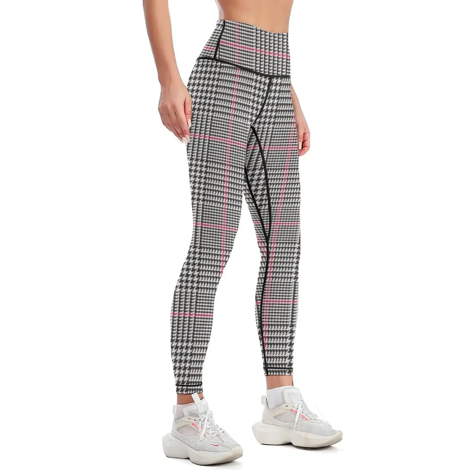 Black White Glen Plaid with Red Stripe. Prince of Wales Check. Leggings gym's sportswear Women's sports Womens Leggings