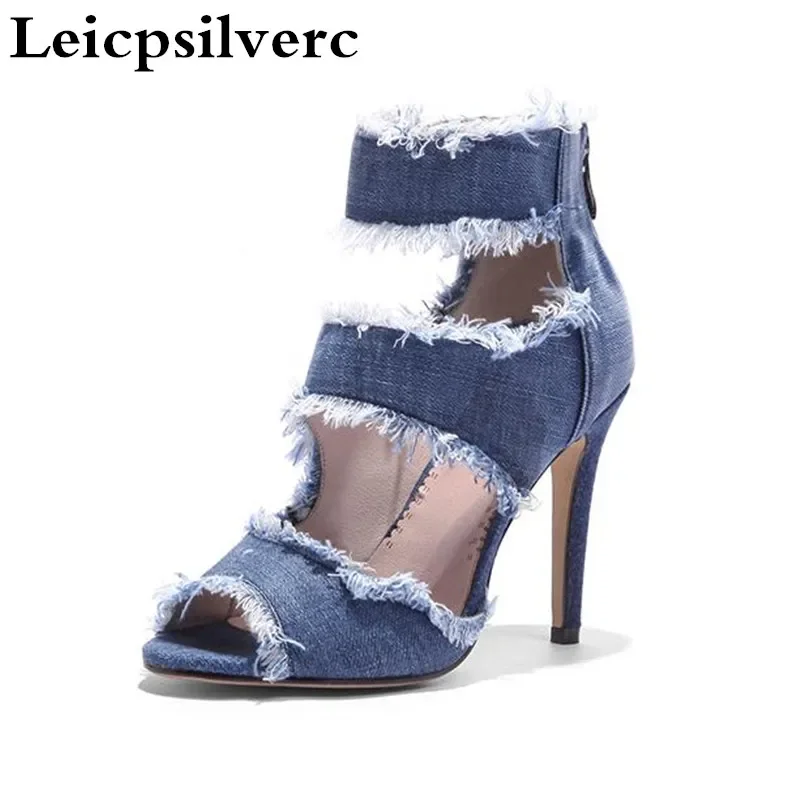 Summer new European and American denim super high heel women sandals after the zipper fish mouth side empty large yards of sanda