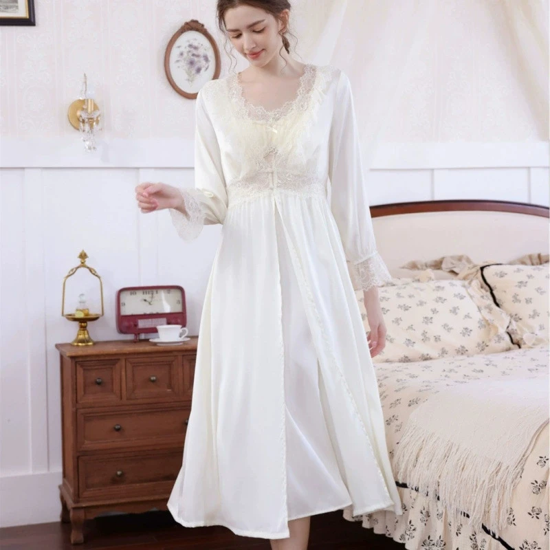 Luxury Silky Satin Pajamas 2PCS French Style Long Sleeve Robe And Gown Set Sexy Lady Lace V Neck Slip Dress Women's Sleepwear