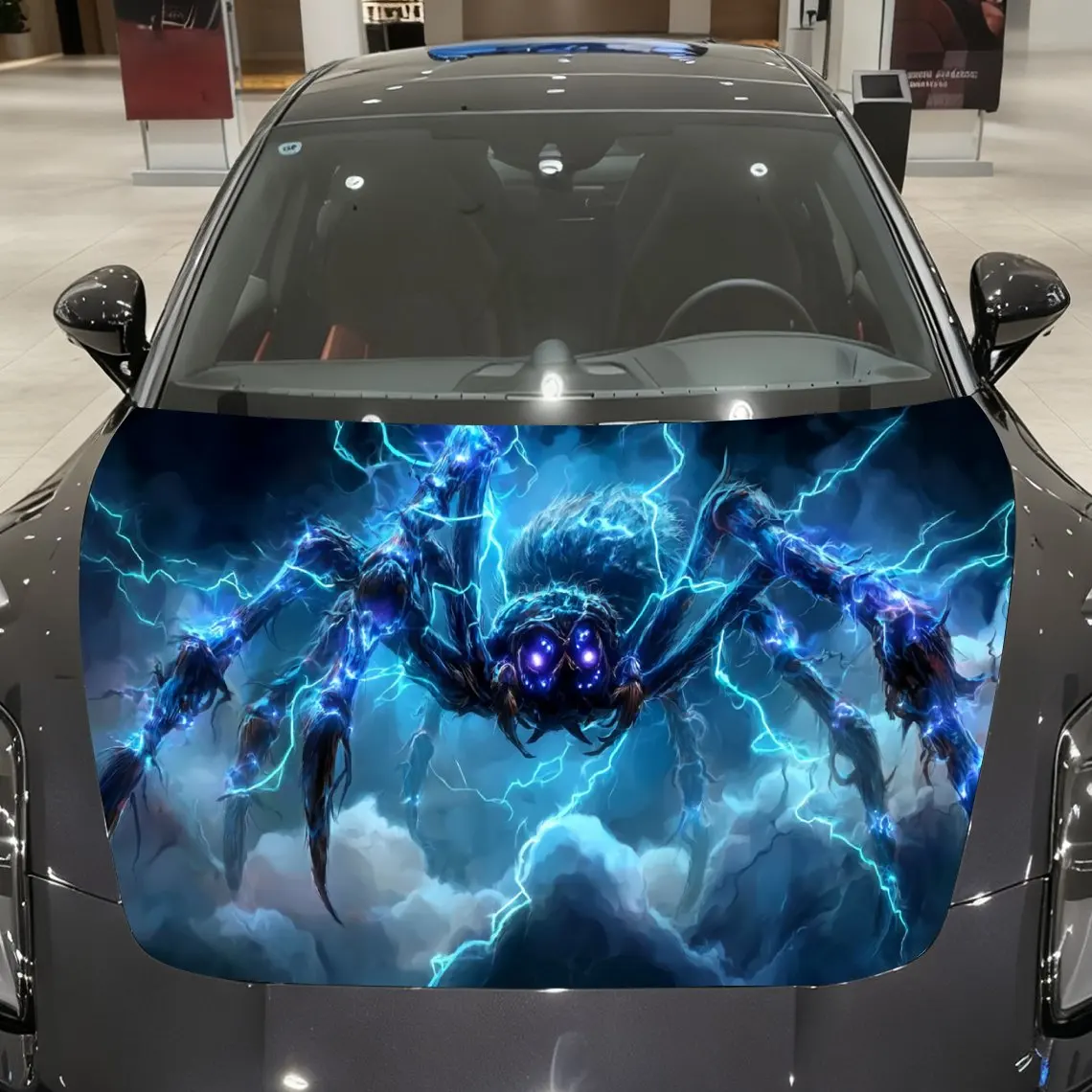 

Blue Lightning Mad Spider Car Vinyl Wrap, PVC Material Waterproof Car Hood Sticker, Self-Adhesive Scratch-Resistant Stickers for