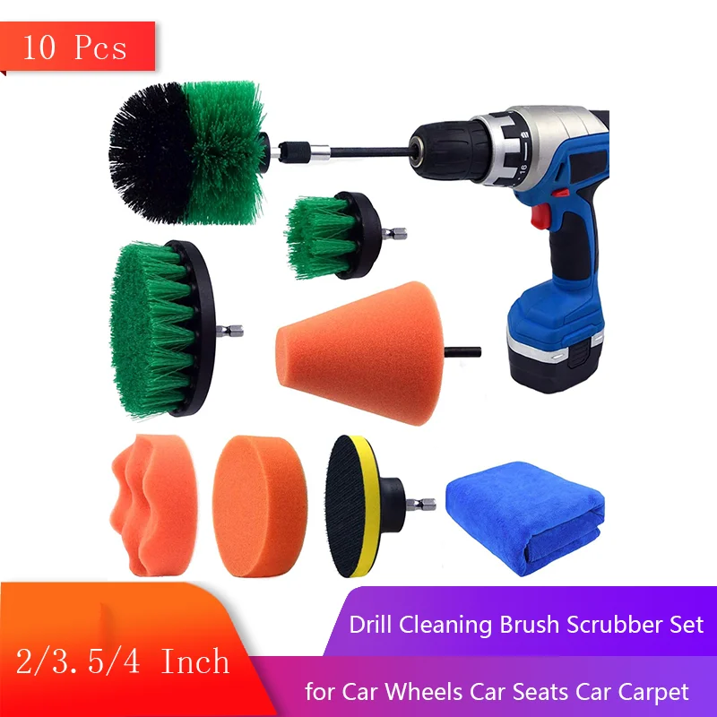 10 Pcs Drill Cleaning Brush Scrubber Set for Car Wheels Car Seats Car Carpet Medium Stiff Brushes Car Wave Polishing Sponge