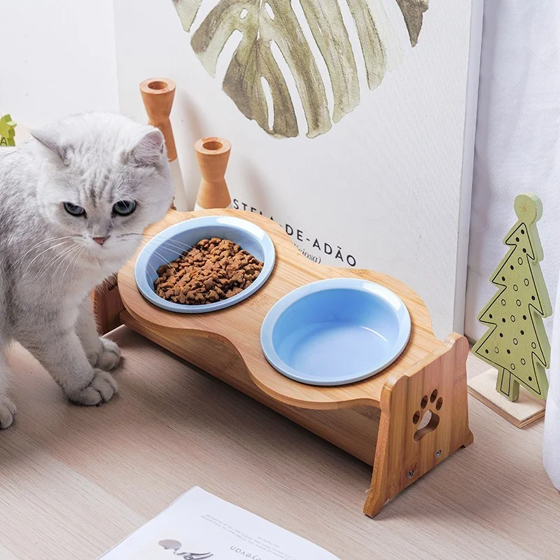 

Puppy Cat Ceramic Bowl Cute Little Cartoon Adjustable Anti-Slip Protect Neck Wooden Support Bowl for Small Medium Pet Supplies
