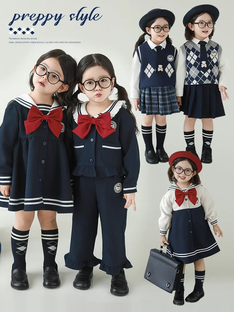 

Girls' College Style Series Autumn Navy Collar Coat Grid Jacquard Vest Multi Piece Set