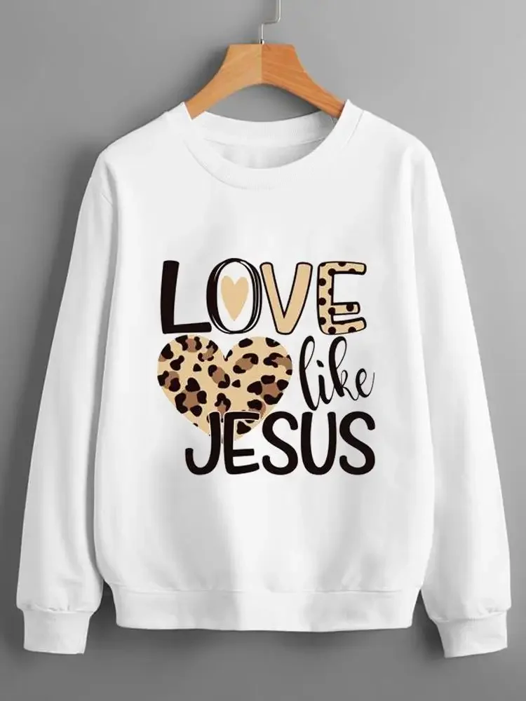 Women Long Sleeve Pullovers Fashion O-Neck Clothing Women Leopard Letter Faith Trend Print Graphic Femme Plush Sweatshirts