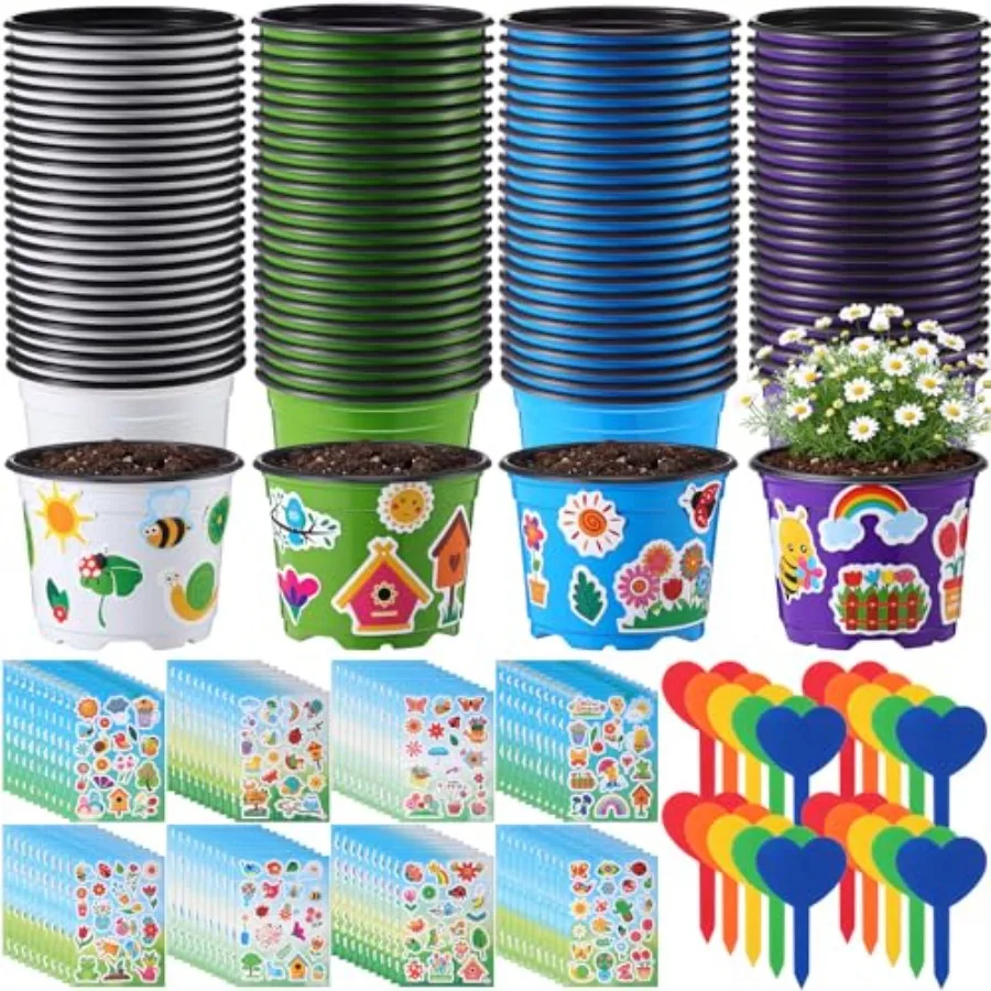 Garden Pot Craft Kit for DIY Flower Planting and Growing: 200 Sets Plastic Nursery Pots with Labels, Tags, Stickers in Lively C