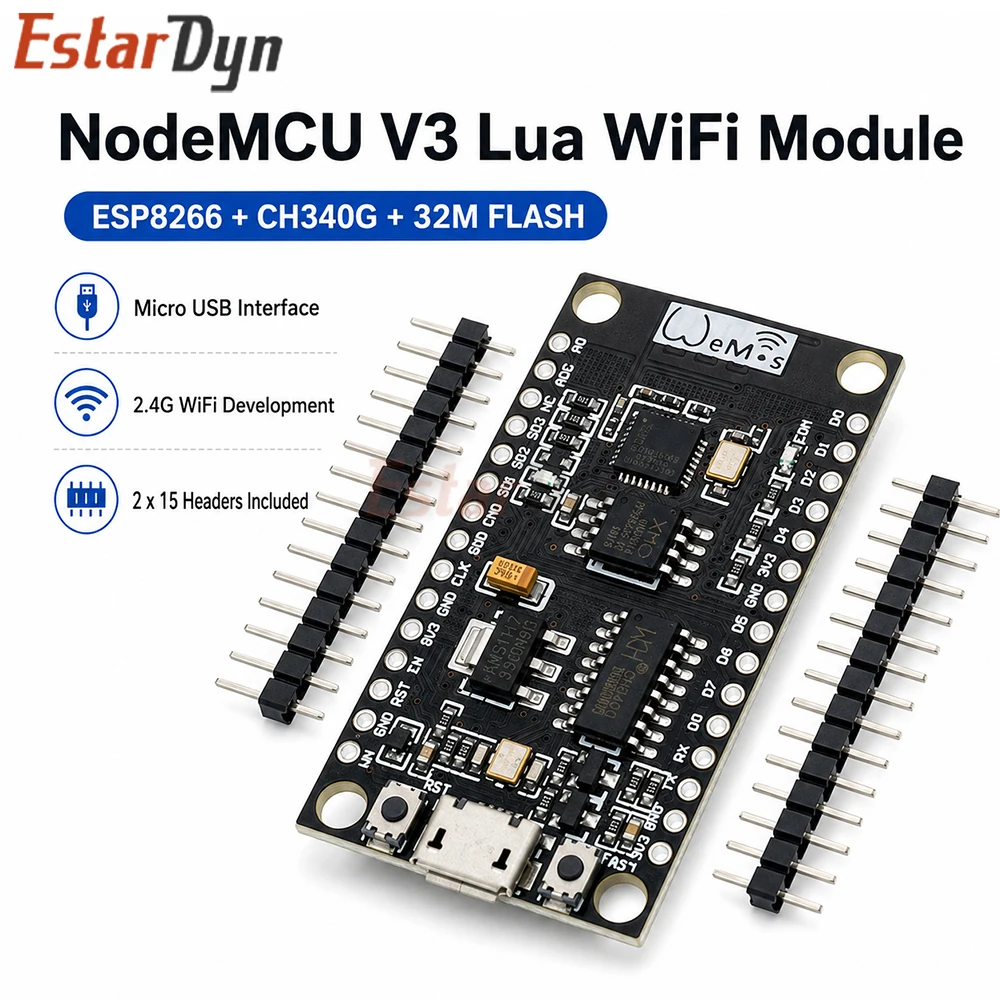 Estardyn ESP8266 NodeMCU V3 Development Board CH340G USB-C WiFi Module 4MB Flash Support Lua MicroPython for IoT