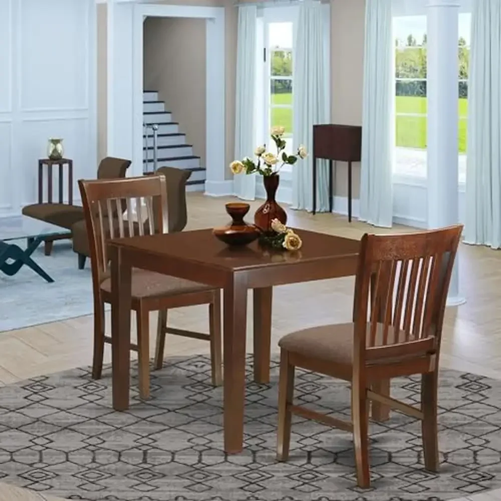 3 Piece Linen Fabric Dining Set with Mahogany Table 36x36 Inch