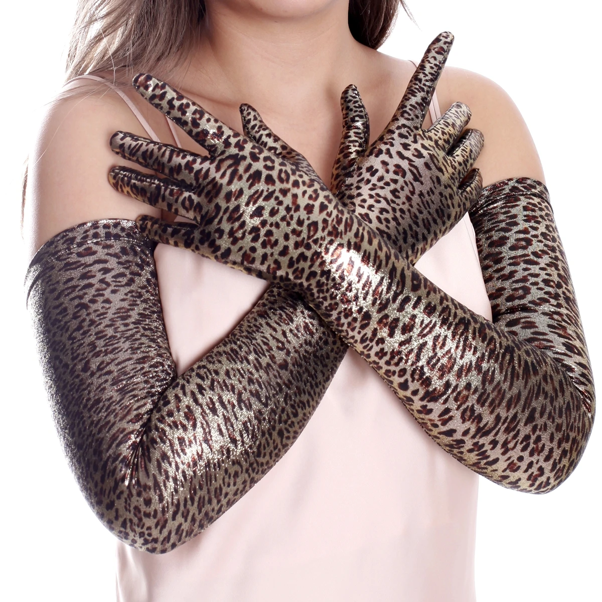 Ftshist Women Sexy Leopard Gloves 70cm Elbow Long Glossy Metallic Color Stamping Foiled Glove Stretchy Full Finger Mittens