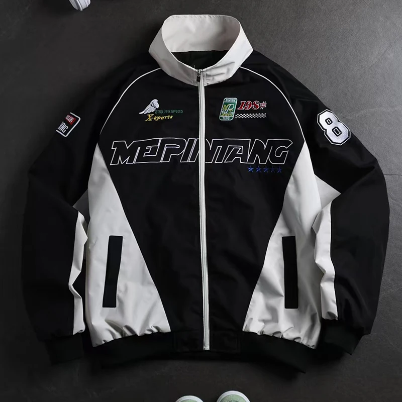 American Streetwear Men's Letter Embroidery Motorcycle Jacket Retro Hip Hop Windbreaker Biker Coat Street Fashion Workwear Coats