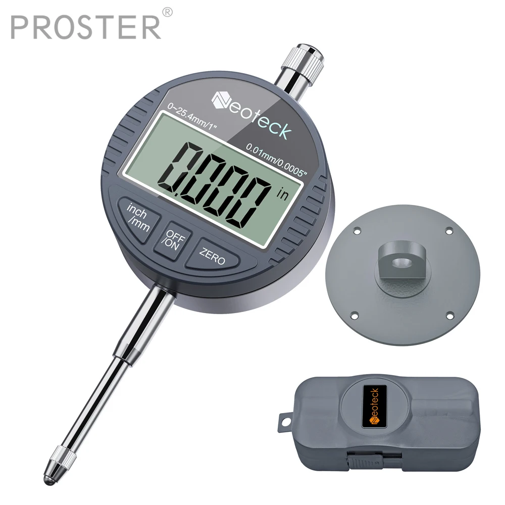 Proster 0.01/.0005'' DTI Digital Dial Indicator LCD Display Gauge Range 0-25.4mm Digital Probe Indicator Tools for Mechanical