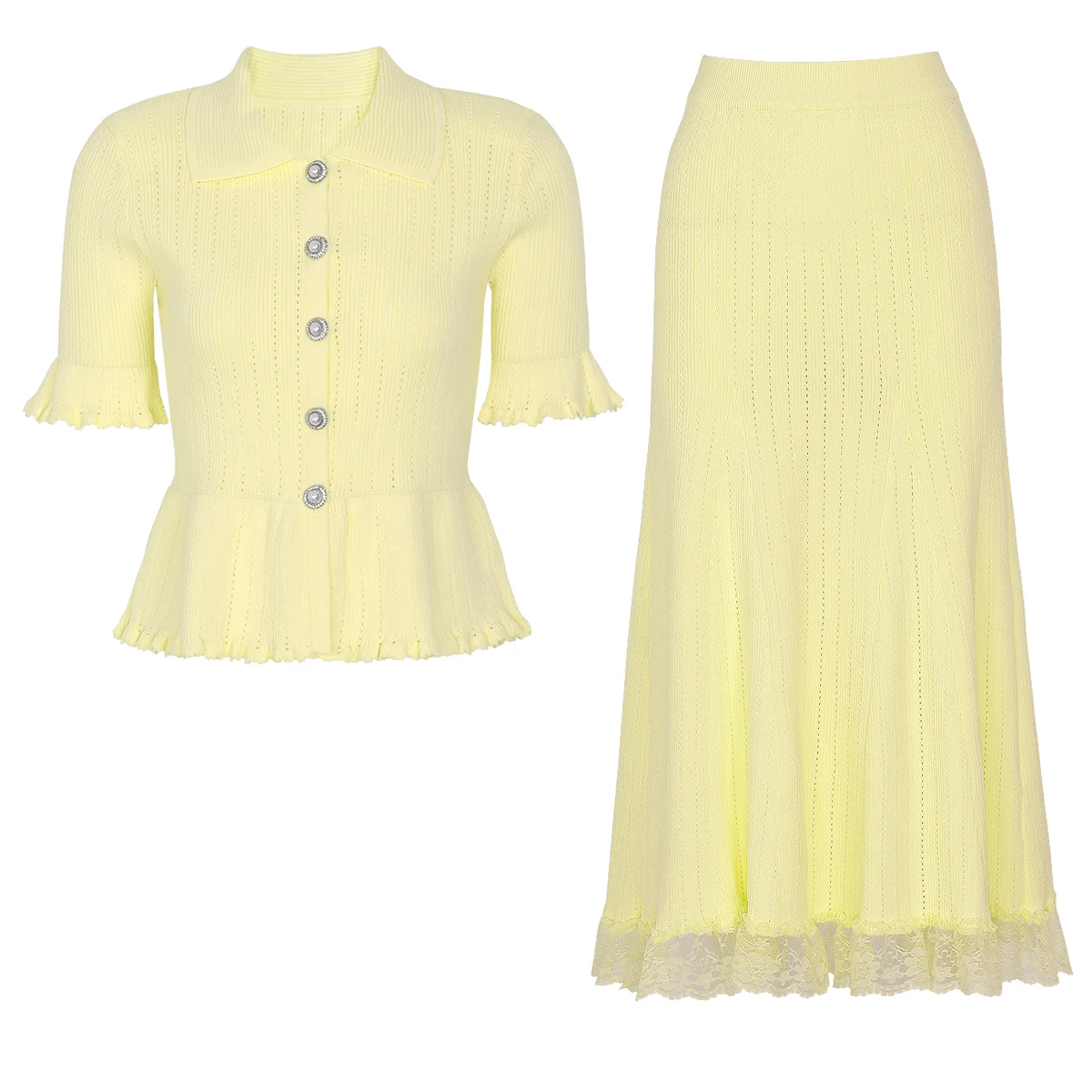 26181 High Quality Summer Women Commuter Knit Collared Short Sleeve Button Cardigan Skirt Two Piece Daily Outfit