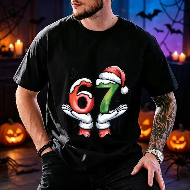 Christmas Men's T Shirt Santa Hands Hold Number 67 Graphic Tee Short Sleeve T-Shirts Xmas Holiday Casual Tops Party Outfit