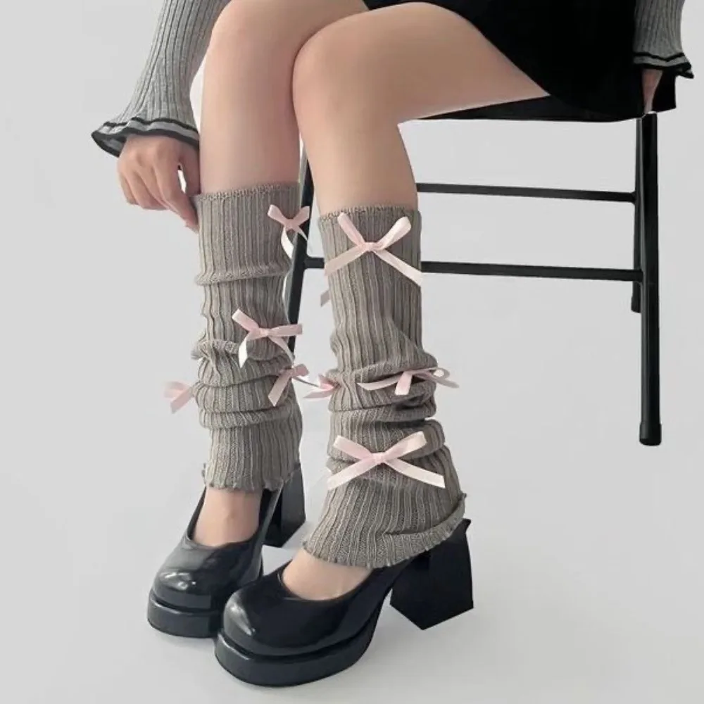 

New Keep Warm Leg Covers Thick Knitted Leg Warmers Bowknot Long Socks Woman