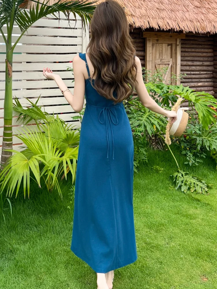 Feminino azul elegante arco babados estilingue sexy vestido longo verão moda bodycon casual vestido de férias 2025 coreano vintage vestido de festa