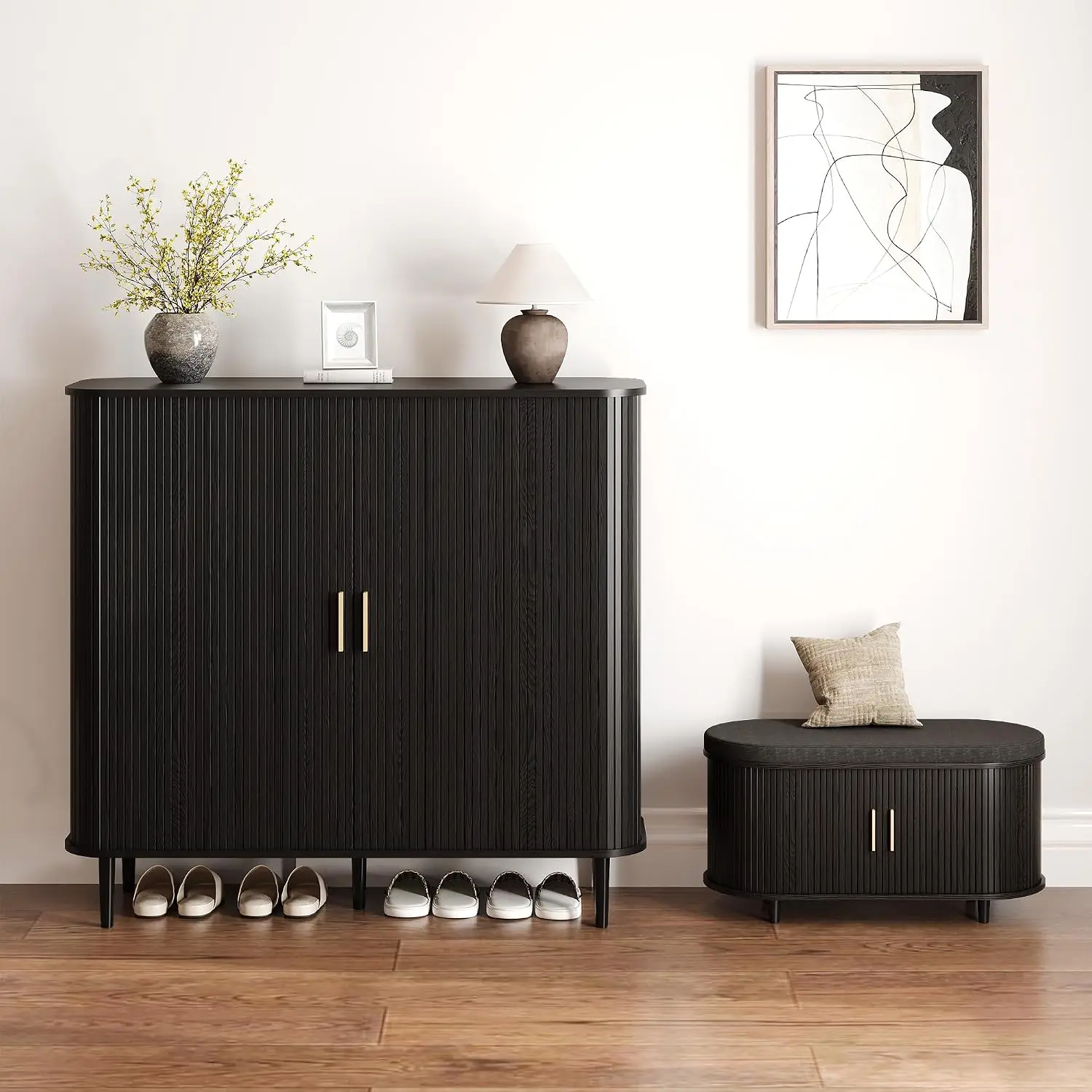 Shoe Storage Cabinet with Sliding Door, 6-Tier Shoe Cabinet with Adjustable Shelves, Mid Century Modern Freestanding Shoe Storag