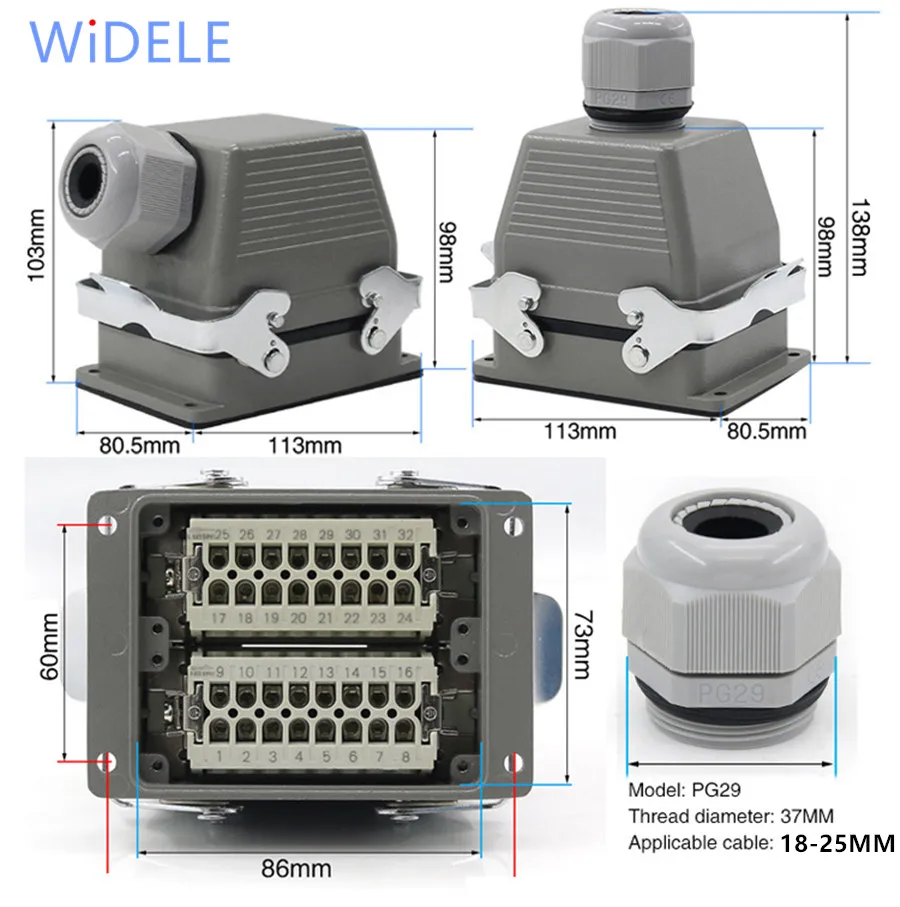 1pc HDC-HE-032 Core Pin 16A Rectangular Heavy Duty Connector Waterproof Aviation Plug  Top  And Side Line Connector