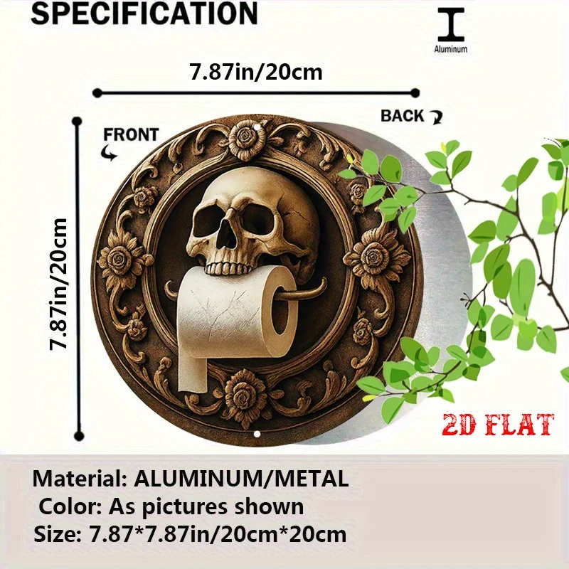 2D Flat, 1-Piece Set of Gothic-Style Skull and Floral Aluminum Wall Art—Rural Style Round Metal Sign with Toilet Paper Holder, 7.8x7.8inch , Dark Color Aest