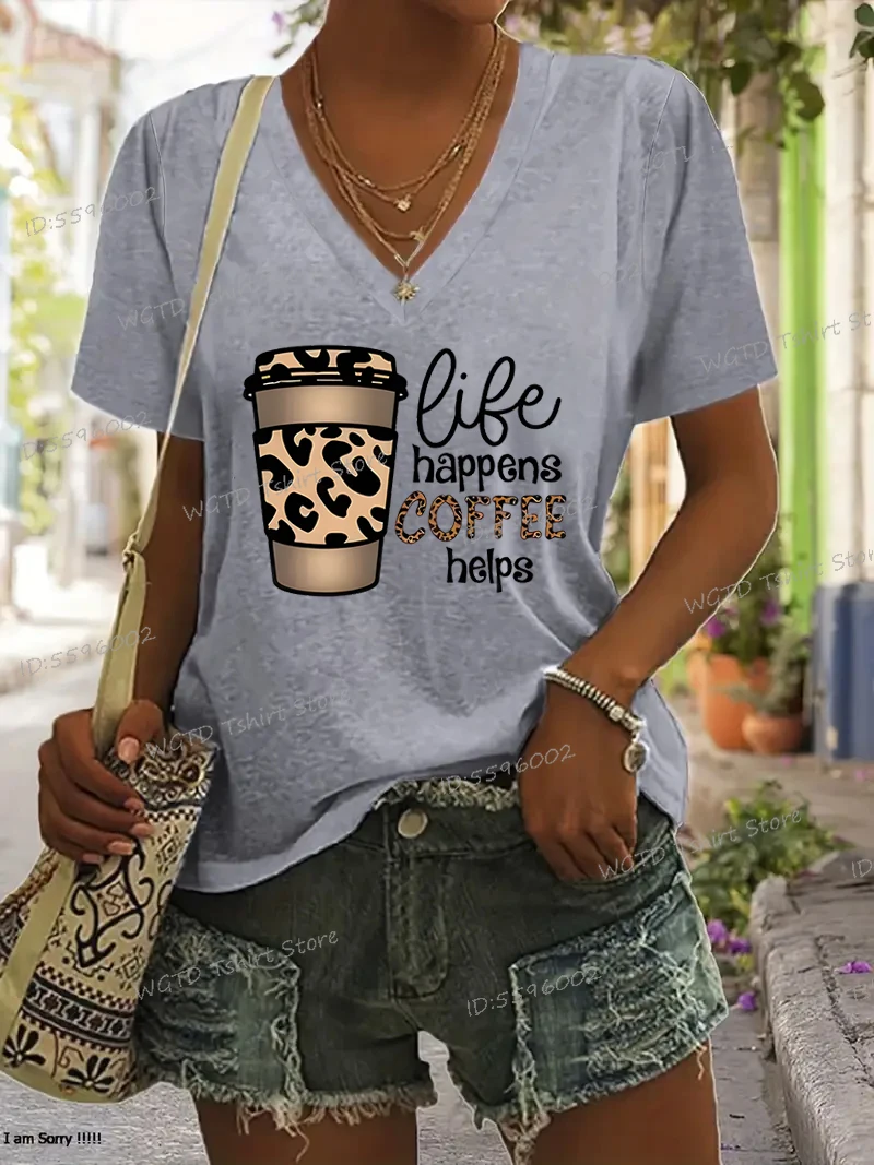 Coffee Leopard Print Fashion Casual Tops Life Happens Coffee Helps Womens Clothing Coffee Lover Gift T-shirt Summer Tees Clothes