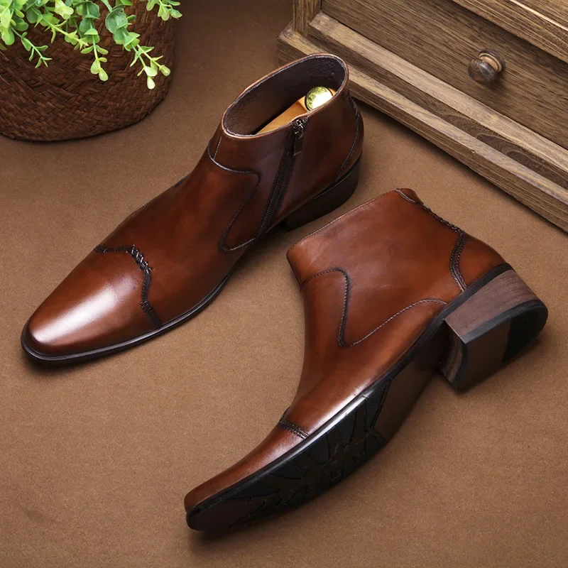 2025 Autumn Early Winter Men Boots Handmade Luxury Genuine Leather Men Formal Shoes 4cm Heels Ankle Botas for Male Plus Size 44