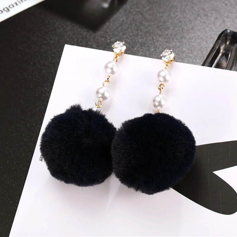 Fashion 5 Colors Plush Ball Earrings For Women OL Temperament Retro Imitation Pearl Long Section Tassel Female Earrings Jewelry
