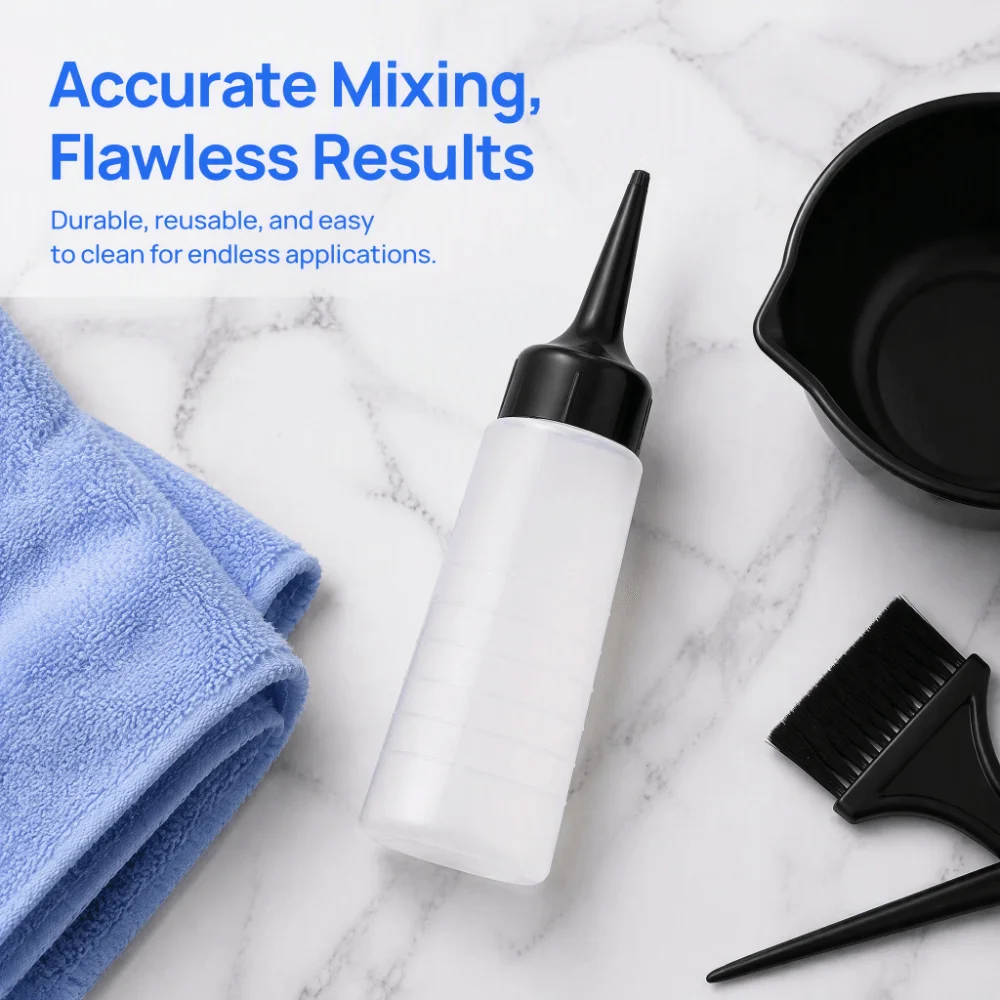 2PCS Black Slant Tip Hair Color Applicator Bottle Graduated Scale Pump Action Hair Mixer Bottle 160ml Capacity