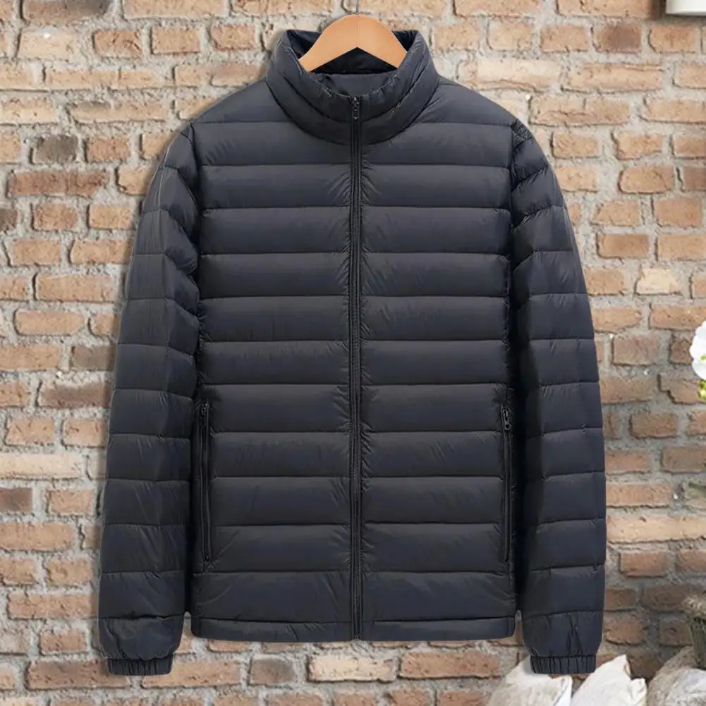 Męska kurtka z wysokim kołnierzem, pikowana kurtka bawełniana z kieszeniami i wysokim kołnierzem, lekka zimowa kurtka wierzchnia, jednolity kolor.