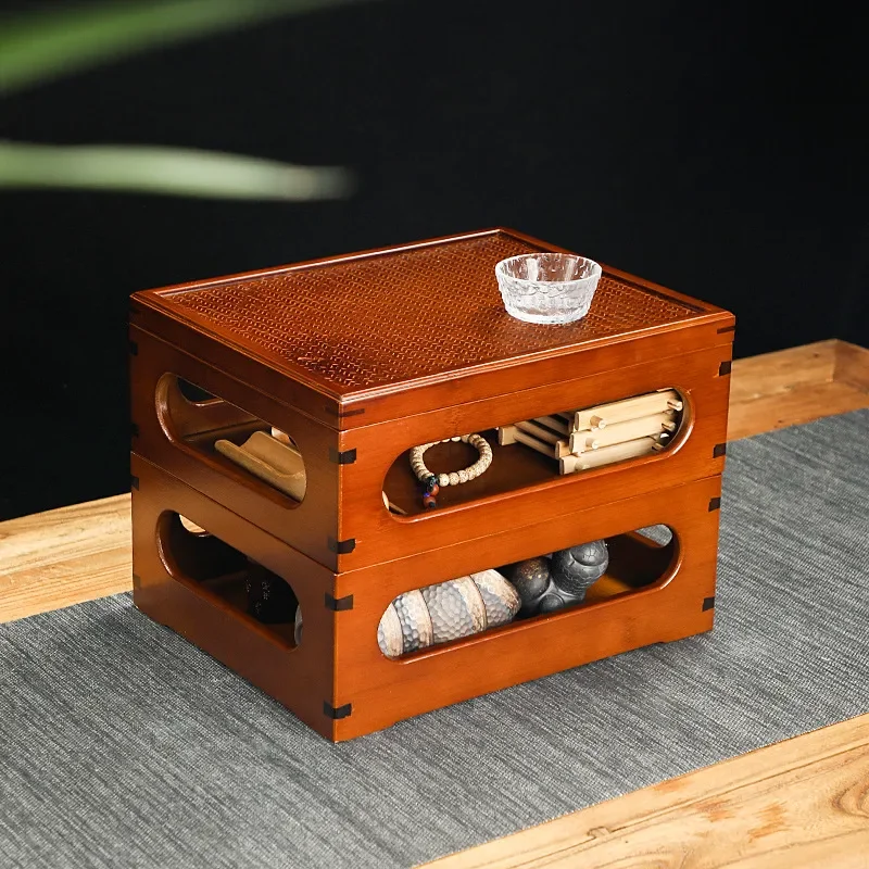 Retro Bamboo Woven Tea Set Storage Box Multi Layer Organizer Rack Chinese Style Display Shelf for Teapot Cup Cabinet Home