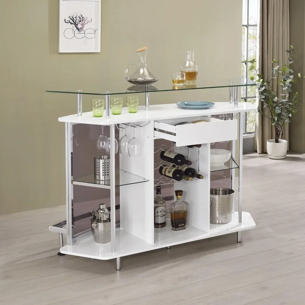 Modern Home Bar Table Wine Storage Cabinet, Tempered Glass Top & Shelves Smoked Acrylic Panels, White High Gloss & Chrome