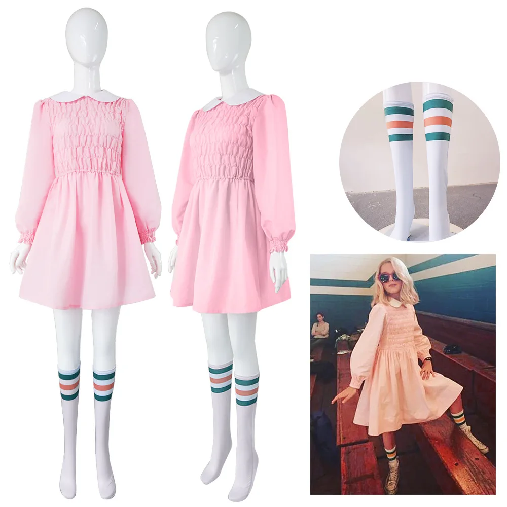 

Jane Cosplay Eleven Costume Pink Long Sleeved Dress with Socks Halloween Carnival Party Outfits