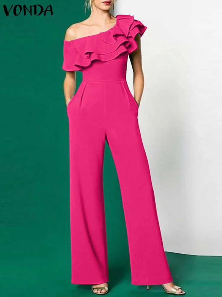 

VONDA Elegant Jumpsuits Women Summer Office Rompers 2024 Fashion Casual Solid Ruffled Off Shoulder Sexy Streetwear Overalls