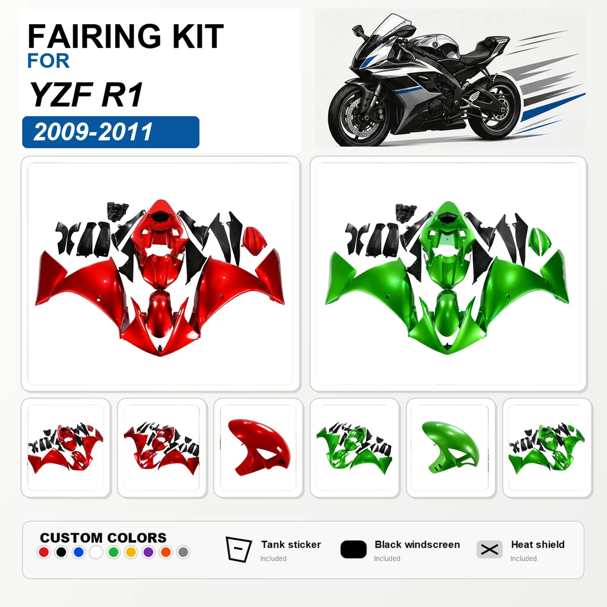 For YZF R1 2009 2010 2011 Sportbike Fairing Kit ABS Plastic Custom Painted Fairings Bodywork Cowl Panels Green Red