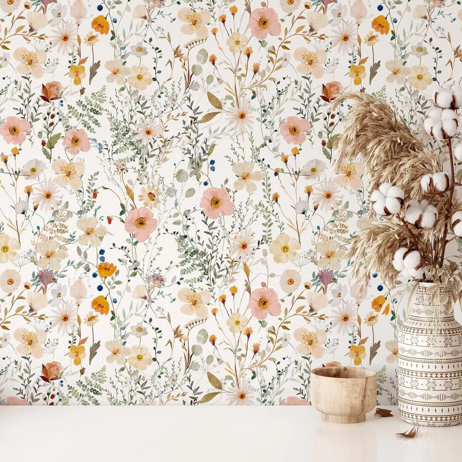 Wild Flower Wallpaper Peel and Stick,Spring Flower Self-adhesive or Traditional Non-woven Wallpaper,Floral Watercolor Wall Mural