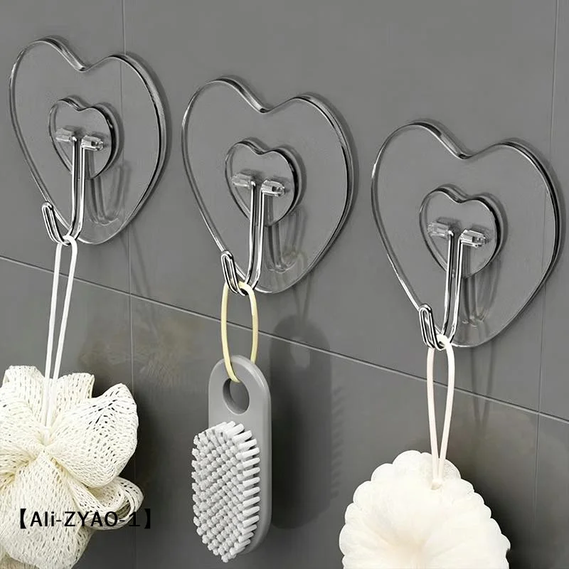 【O】20/40/60pcHeart Shape Transparent Hooks Non Punching Plastic Love Hangers Holder Self Adhesive Key Towel Multi-Purpose Hooks