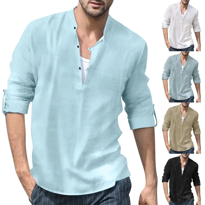 

CIGY-Stand Alone Stand Fall Winter Men's Linen Stand Collar Long Sleeve Casual Beach Shirt