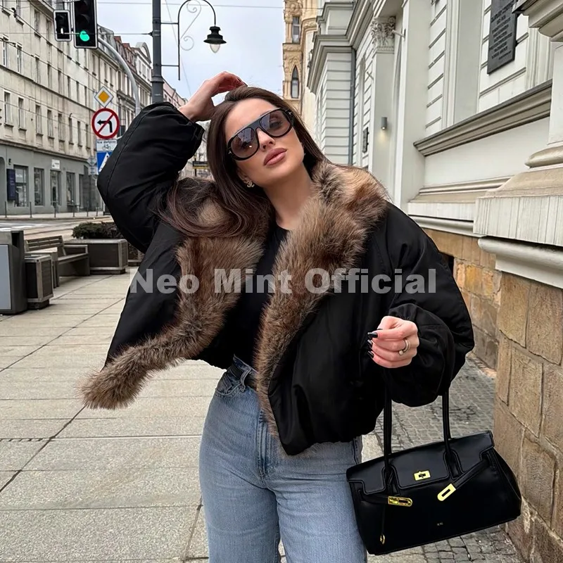 Neo Mint Trendy 2026 Fur Collar Bomber Jacket Women Winter Warm Padded Coat Parkas Luxury Brand Quilted Puffer Jackets Overcoats