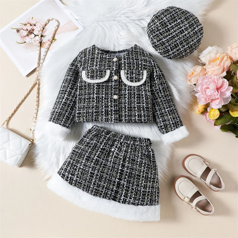 Kid Baby Girls Clothes Sets Toddler Children Outfits Long Sleeve Button-up Jacket Short Mini Skirt Beret Hat Autumn Clothing