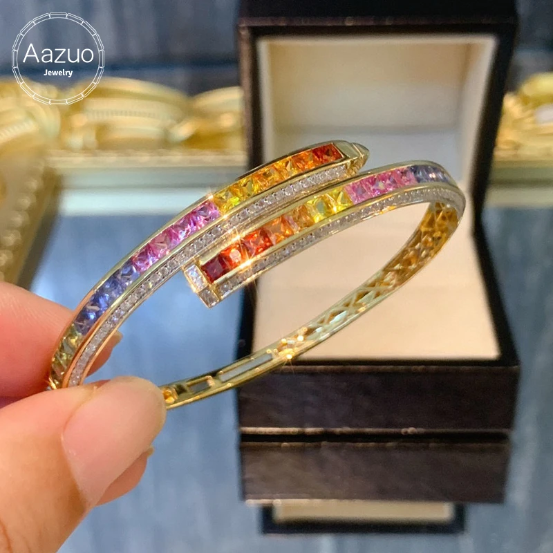 Aazuo Original Design 18K Yellow Gold Natrual Color Sapphire Real Diamonds Line Bangle For Woman Upscale Trendy Engagement Party